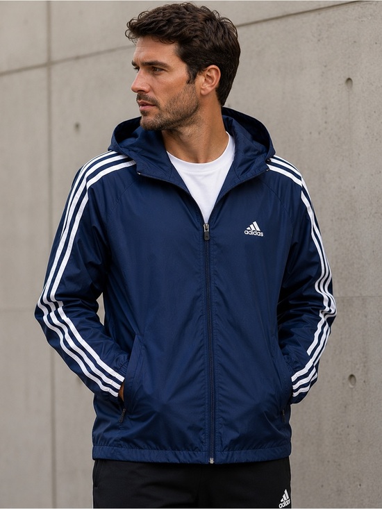 adidas Other - Adidas Men’s Navy Blue Hooded Windbreaker Jacket L 3 Stripe Mesh Lining Casual